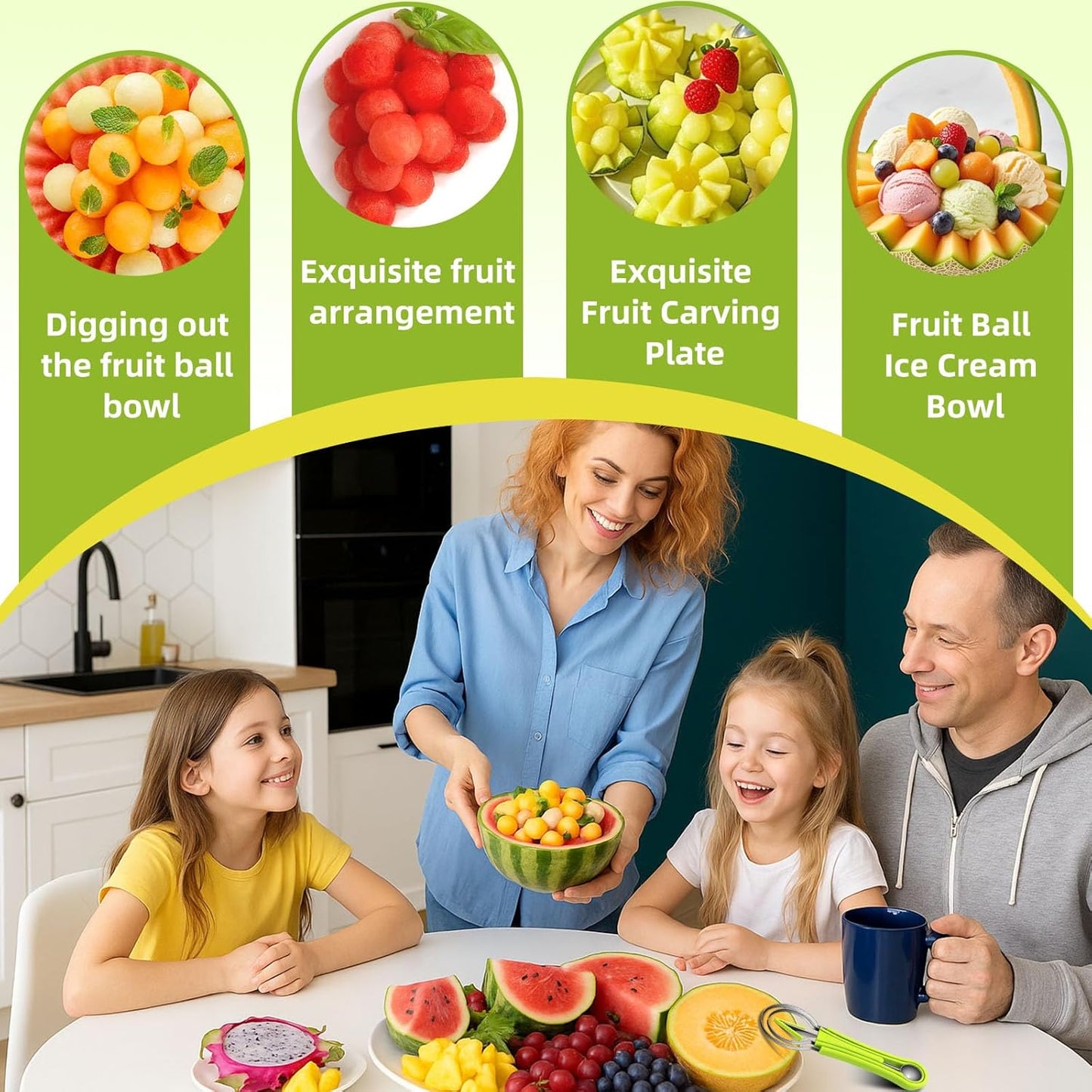 Suuker 4 in 1 Melon Baller Scoop Set, Green | Stainless Steel, Fruit Cutters Shapes, Watermelon Scooper and Baller, Fruit Carving Tools