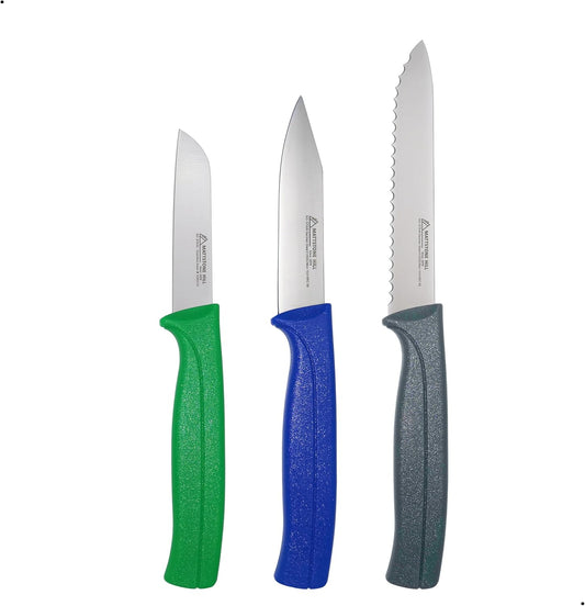 Kitchen Knife Set, MATTSTONE HILL Paring Knife Set - 4.7" Serrated Utility Knife, 3.5" Fruit & Vegetable Paring, 3" Flat Edge Peeling, German High Carbone Steel, Gray, Blue, Green