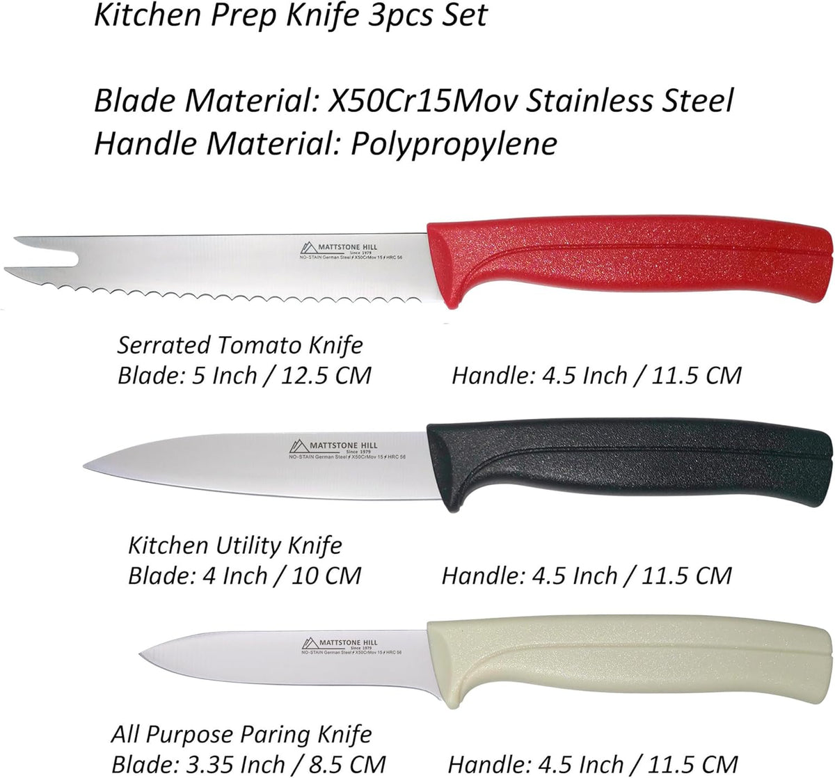Kitchen Knife Set, MATTSTONE HILL Paring Knife Set - 4.7" Serrated Utility Knife, 3.5" Fruit & Vegetable Paring, 3" Flat Edge Peeling, German High Carbone Steel, Gray, Blue, Green