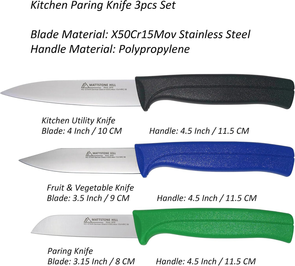 Kitchen Knife Set, MATTSTONE HILL Paring Knife Set - 4.7" Serrated Utility Knife, 3.5" Fruit & Vegetable Paring, 3" Flat Edge Peeling, German High Carbone Steel, Gray, Blue, Green