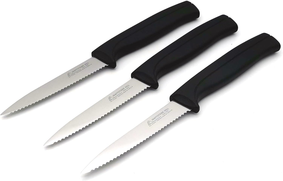 Kitchen Knife Set, MATTSTONE HILL Paring Knife Set - 4.7" Serrated Utility Knife, 3.5" Fruit & Vegetable Paring, 3" Flat Edge Peeling, German High Carbone Steel, Gray, Blue, Green