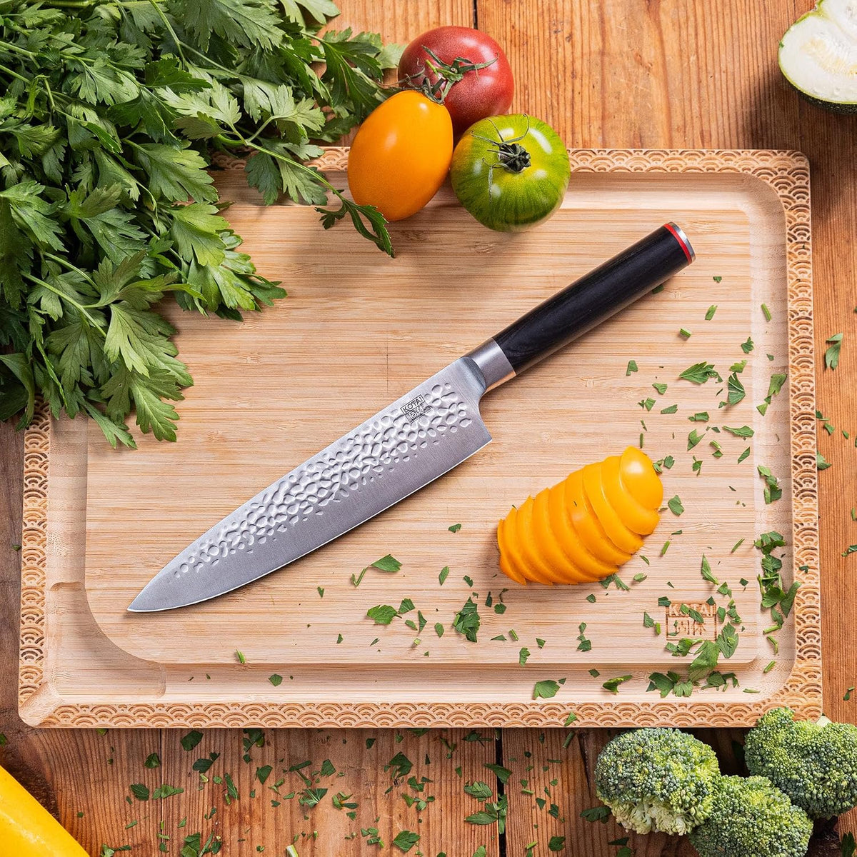 Gyuto 8 inch Chef Kitchen Knife | Ultra Sharp Japanese 440C Stainless Steel | Hammered Tsuchime Finish | Pakkawood Handle | Hidden Full Tang | Pakka Collection Professional Chef Knife