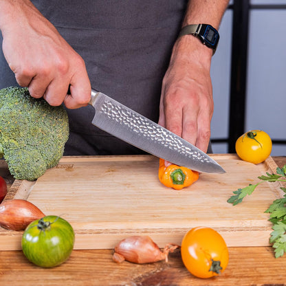 Gyuto 8 inch Chef Kitchen Knife | Ultra Sharp Japanese 440C Stainless Steel | Hammered Tsuchime Finish | Pakkawood Handle | Hidden Full Tang | Pakka Collection Professional Chef Knife
