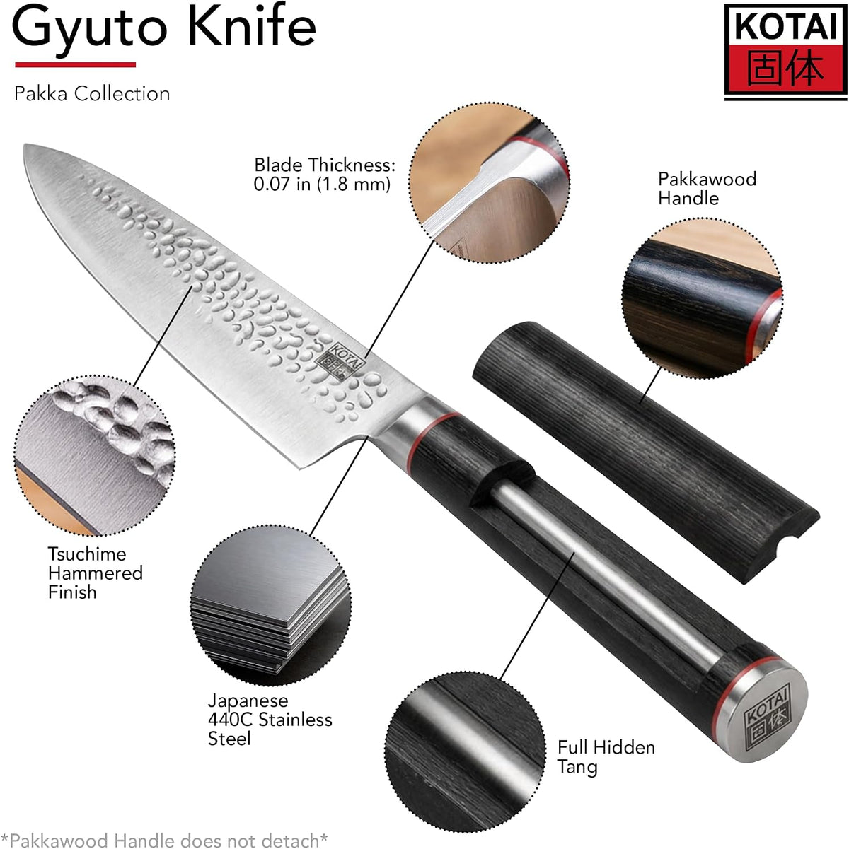 Gyuto 8 inch Chef Kitchen Knife | Ultra Sharp Japanese 440C Stainless Steel | Hammered Tsuchime Finish | Pakkawood Handle | Hidden Full Tang | Pakka Collection Professional Chef Knife