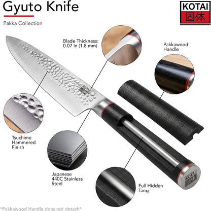 Gyuto 8 inch Chef Kitchen Knife | Ultra Sharp Japanese 440C Stainless Steel | Hammered Tsuchime Finish | Pakkawood Handle | Hidden Full Tang | Pakka Collection Professional Chef Knife