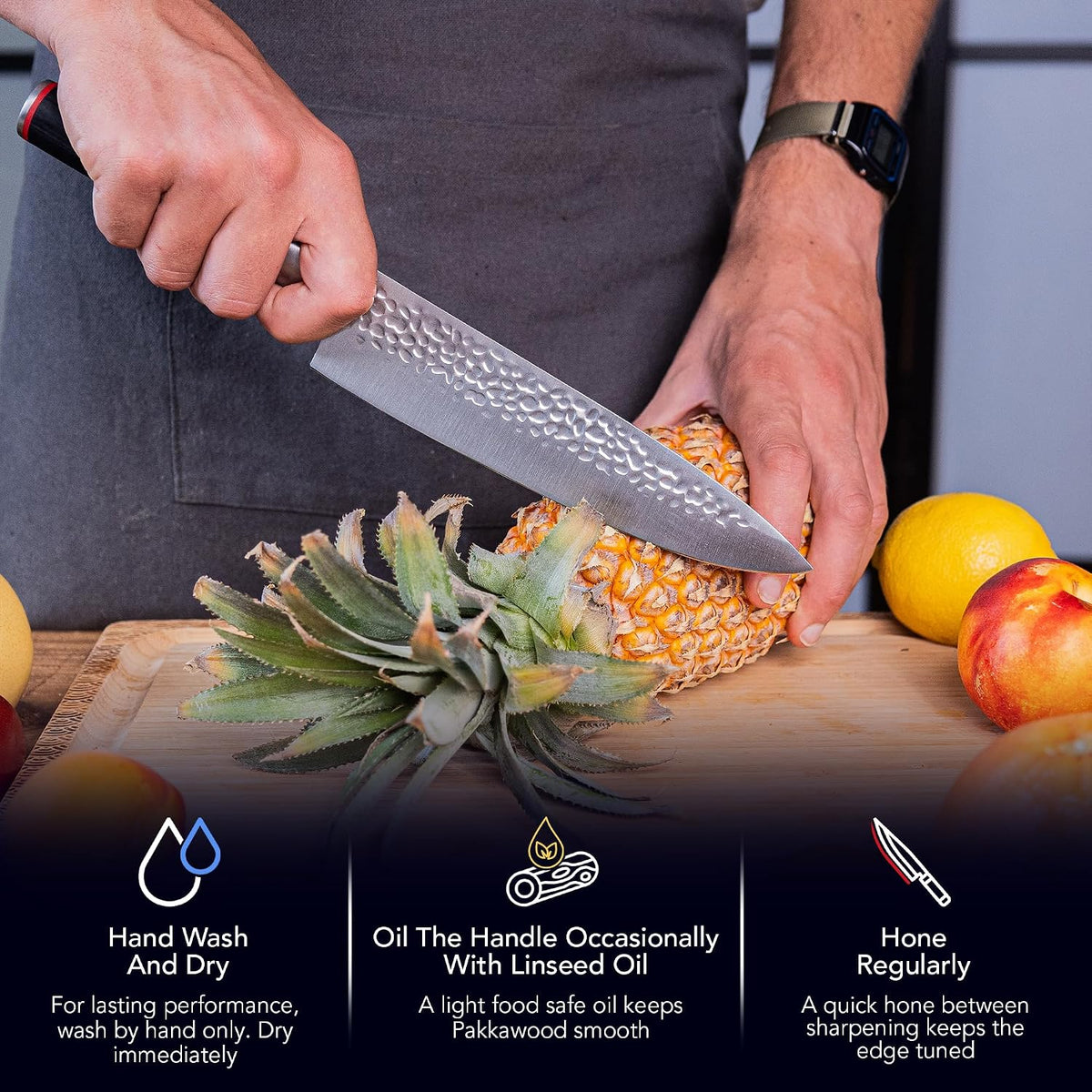 Gyuto 8 inch Chef Kitchen Knife | Ultra Sharp Japanese 440C Stainless Steel | Hammered Tsuchime Finish | Pakkawood Handle | Hidden Full Tang | Pakka Collection Professional Chef Knife