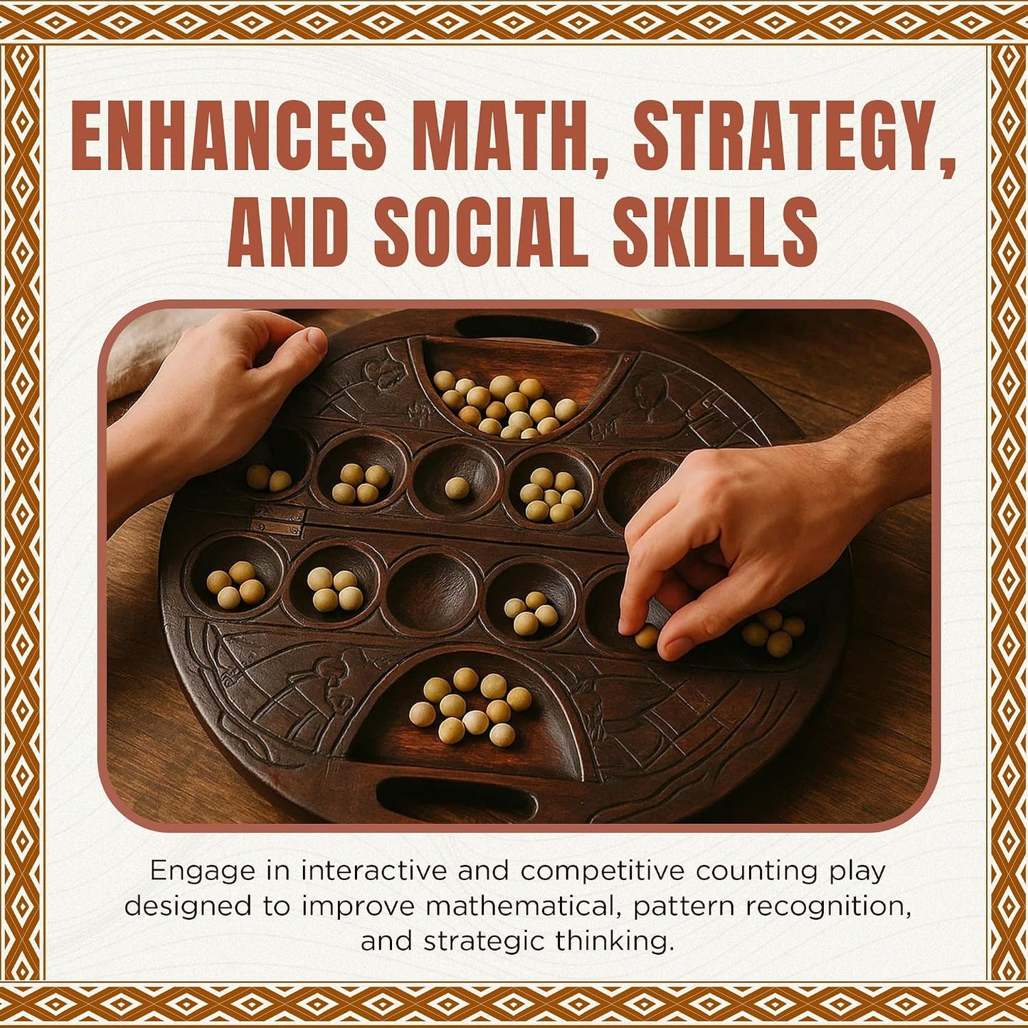Africa Heartwood Project African Oware Mancala Board - Deluxe Circular Shape with Handle, Hand-Carved, Solid Wood with Detailed Designs, Wooden Folding, 48 Seeds and Instructions Included