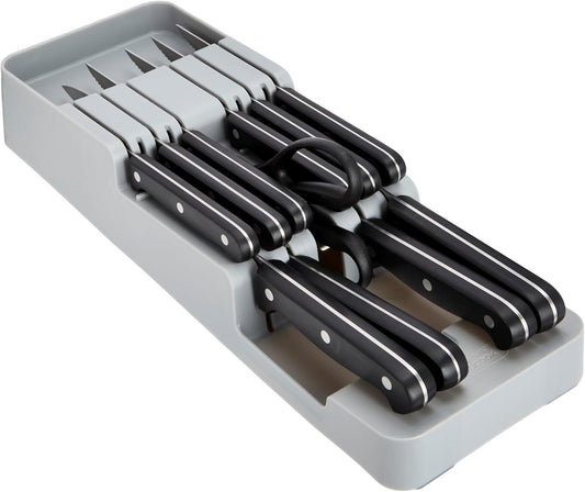 Knife Set High Carbon Stainless Steel Full-Tang Kitchen Knives with in-Drawer Storage Block, Set Includes Six Serrated Steak and Santoku Bread Paring and Utility Knives, 12-Piece Set, Black