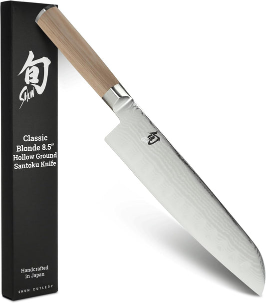 Classic Blonde 8.5" Hollow Ground Santoku Knife | Handcrafted Japanese Cutting Knife, VG-MAX Core, Damascus Stainless Steel Cladding, Pakkawood Handle