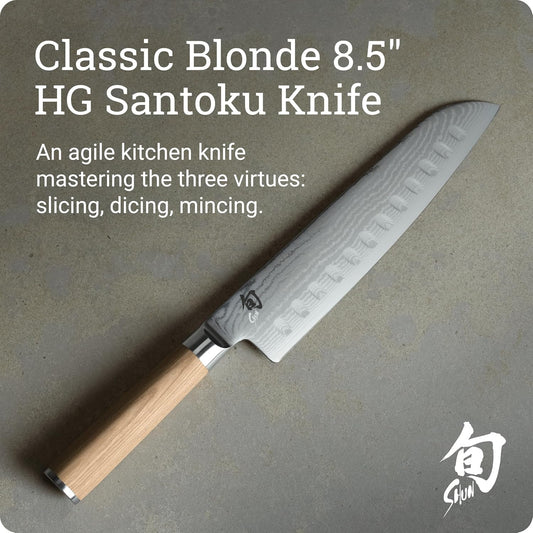 Classic Blonde 8.5" Hollow Ground Santoku Knife | Handcrafted Japanese Cutting Knife, VG-MAX Core, Damascus Stainless Steel Cladding, Pakkawood Handle