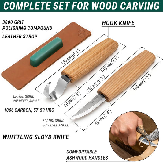 S01 Wood Spoon Carving Knives Set Spoon Making Tools Kit Whittling Knife Hook Knife Right-handed Bowl Cup Kuksa for Beginners Woodworking Professional Wood Carving Kit