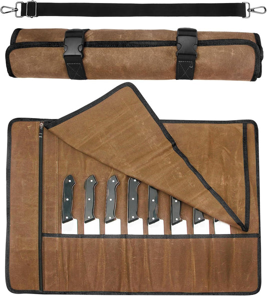 Chef Knife Roll Bag,Waxed Canvas Knife Travel Case,Heavy Duty Professional Knife Carrier Storage Holder with 10 Slots,Portable Kitchen Culinary Tool Organizer for Men,Fits up to 18.8” Knives.Khaki