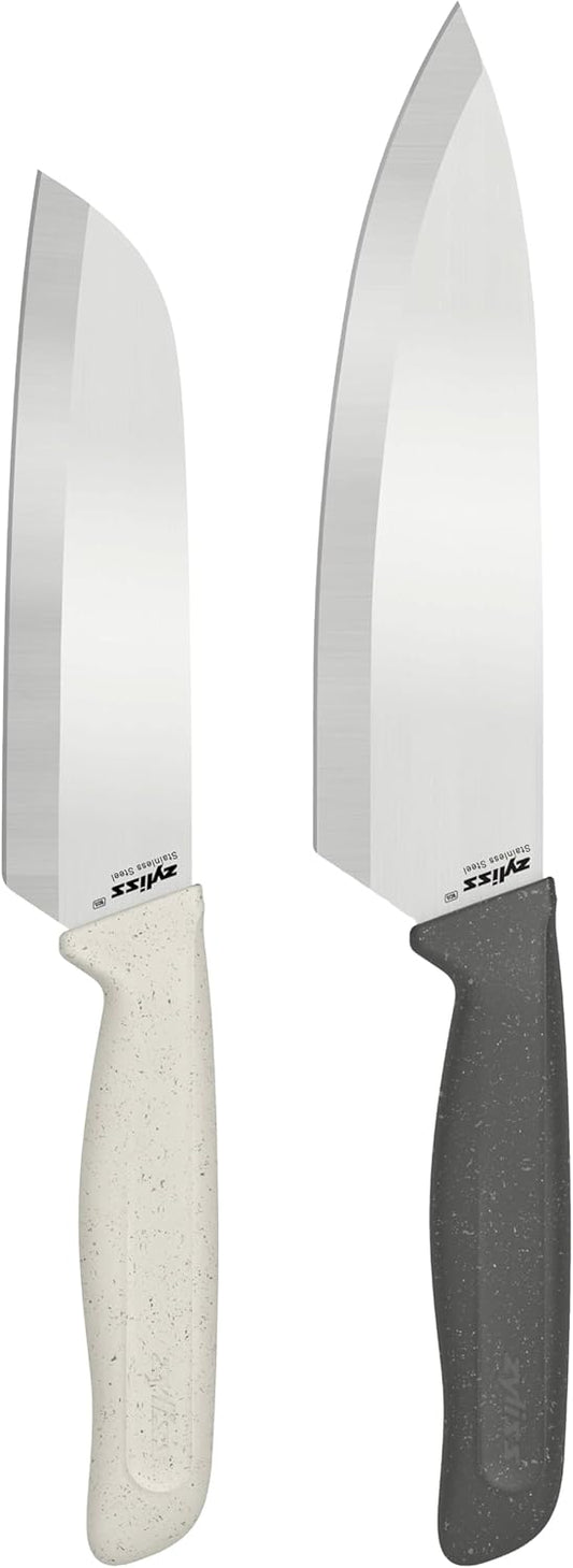Classic 2 Piece Chef & Santoku Knife Set, Stainless Steel 15° Hollow-Ground Blades, Ergonomic Wheat Straw Handles, Finger Guard & Blade Covers, Dishwasher Safe