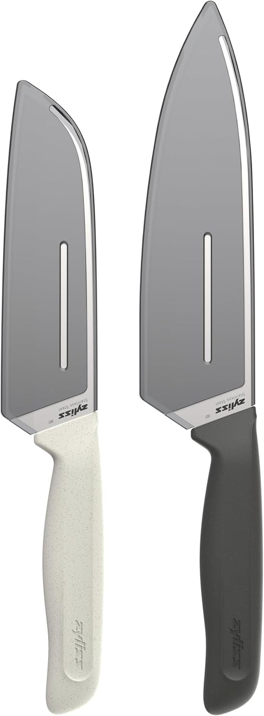 Classic 2 Piece Chef & Santoku Knife Set, Stainless Steel 15° Hollow-Ground Blades, Ergonomic Wheat Straw Handles, Finger Guard & Blade Covers, Dishwasher Safe