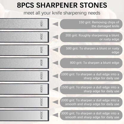 8 Pcs Diamond Knife Sharpening Stones, Knife Sharpener Fixed-Angle Kit, Professional Whetstone Set With Base 150/200/500/800/1000/1500/2000/3000 Grit