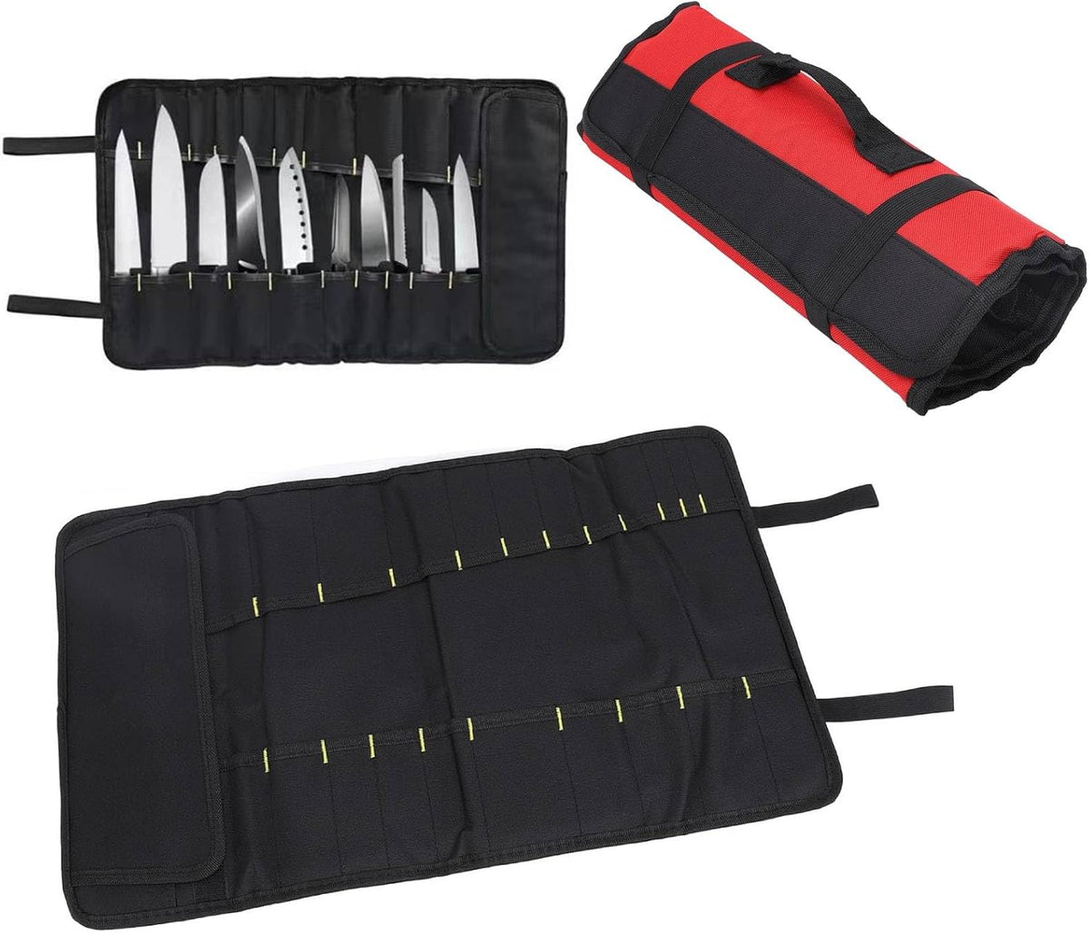 Chef Knife Roll Bag, 20 Slots Canvas Knife Carrying Case Pocket Knife Case Knife Travel Case Roll up Knife Bag Knife Storage Bag for Home Kitchen Travel Camping (Red)
