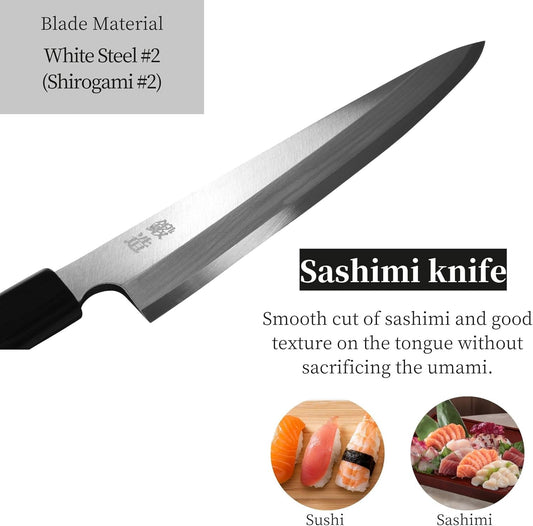Japanese Sashimi Knife 210mm (8.2 in) – White Steel #2, Magnolia Wood Handle – Sushi Knife, Yanagiba Style – Made in Seki Japan