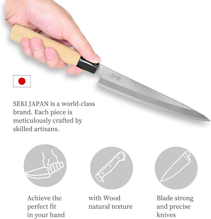 Japanese Sashimi Knife 210mm (8.2 in) – White Steel #2, Magnolia Wood Handle – Sushi Knife, Yanagiba Style – Made in Seki Japan