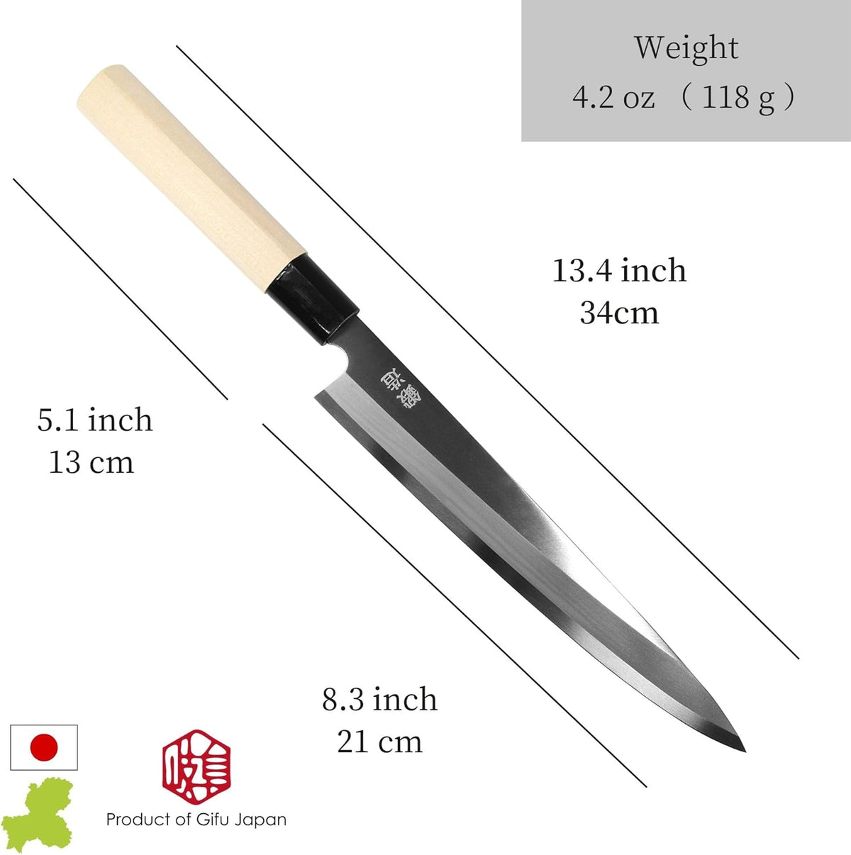 Japanese Sashimi Knife 210mm (8.2 in) – White Steel #2, Magnolia Wood Handle – Sushi Knife, Yanagiba Style – Made in Seki Japan