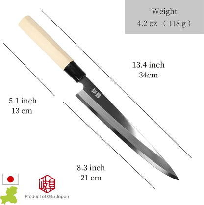 Japanese Sashimi Knife 210mm (8.2 in) – White Steel #2, Magnolia Wood Handle – Sushi Knife, Yanagiba Style – Made in Seki Japan