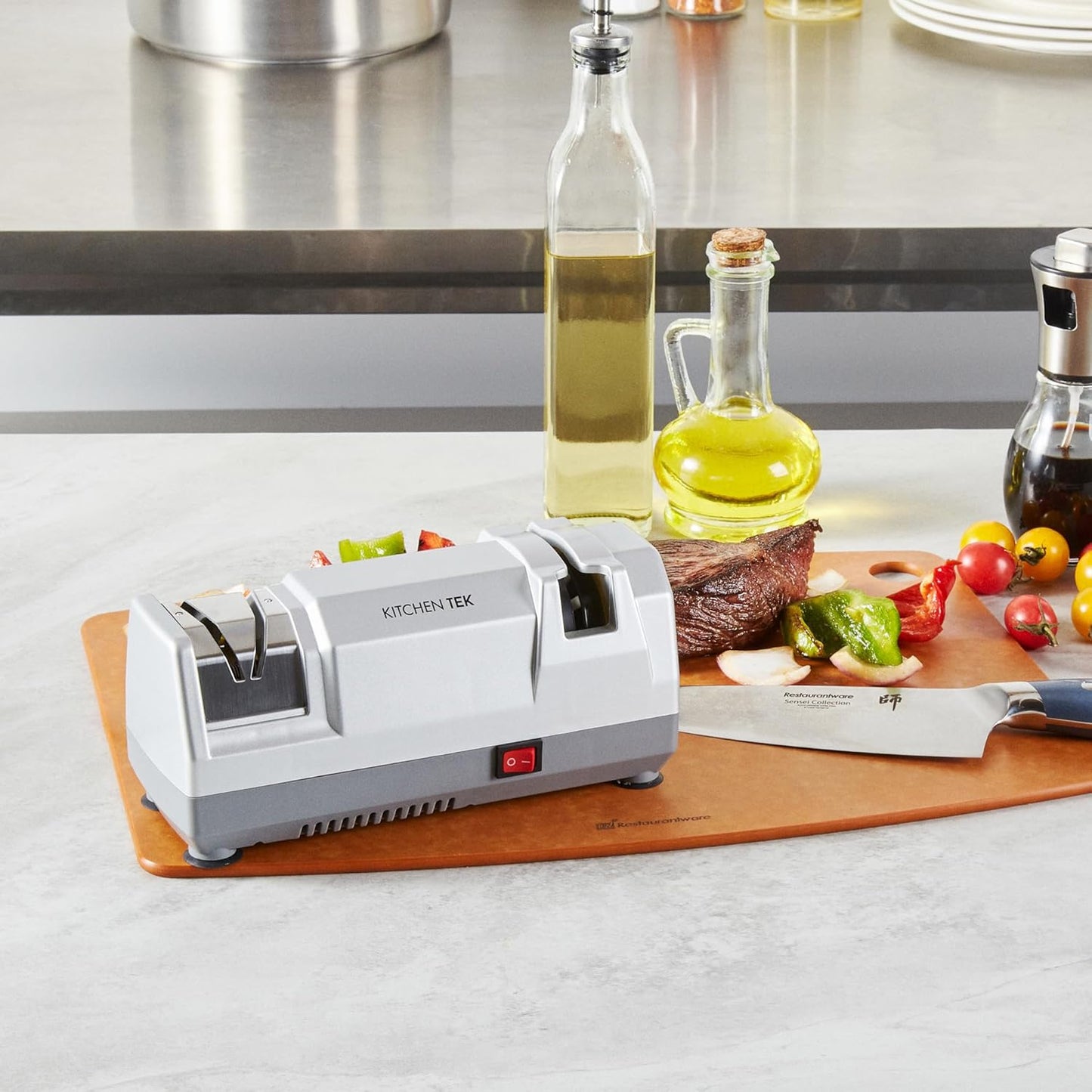 Kitchen Tek 2-Stage Electric Knife Sharpener, 1 Straight-Edge Knife Sharpener With Diamond Grinding Wheel - 120 Voltage, Quick Sharpening, Gray Plastic, For Kitchen Knives