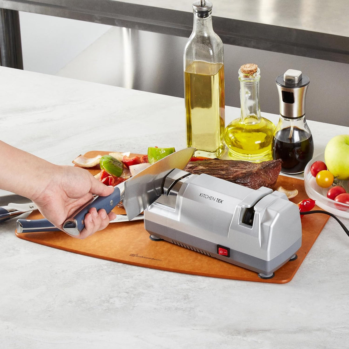 Kitchen Tek 2-Stage Electric Knife Sharpener, 1 Straight-Edge Knife Sharpener With Diamond Grinding Wheel - 120 Voltage, Quick Sharpening, Gray Plastic, For Kitchen Knives