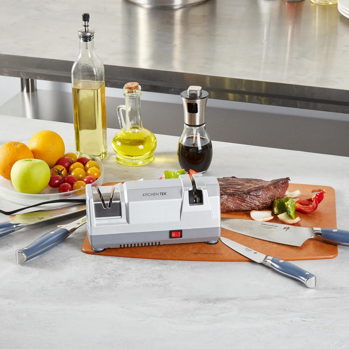 Kitchen Tek 2-Stage Electric Knife Sharpener, 1 Straight-Edge Knife Sharpener With Diamond Grinding Wheel - 120 Voltage, Quick Sharpening, Gray Plastic, For Kitchen Knives