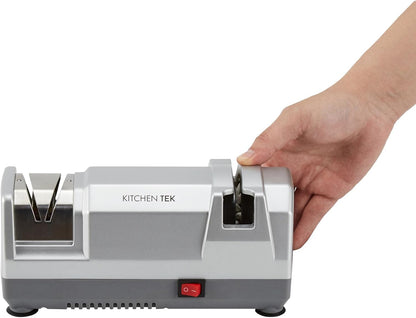 Kitchen Tek 2-Stage Electric Knife Sharpener, 1 Straight-Edge Knife Sharpener With Diamond Grinding Wheel - 120 Voltage, Quick Sharpening, Gray Plastic, For Kitchen Knives