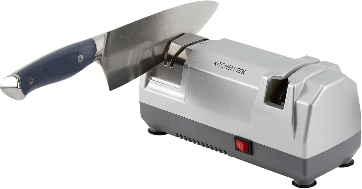 Kitchen Tek 2-Stage Electric Knife Sharpener, 1 Straight-Edge Knife Sharpener With Diamond Grinding Wheel - 120 Voltage, Quick Sharpening, Gray Plastic, For Kitchen Knives