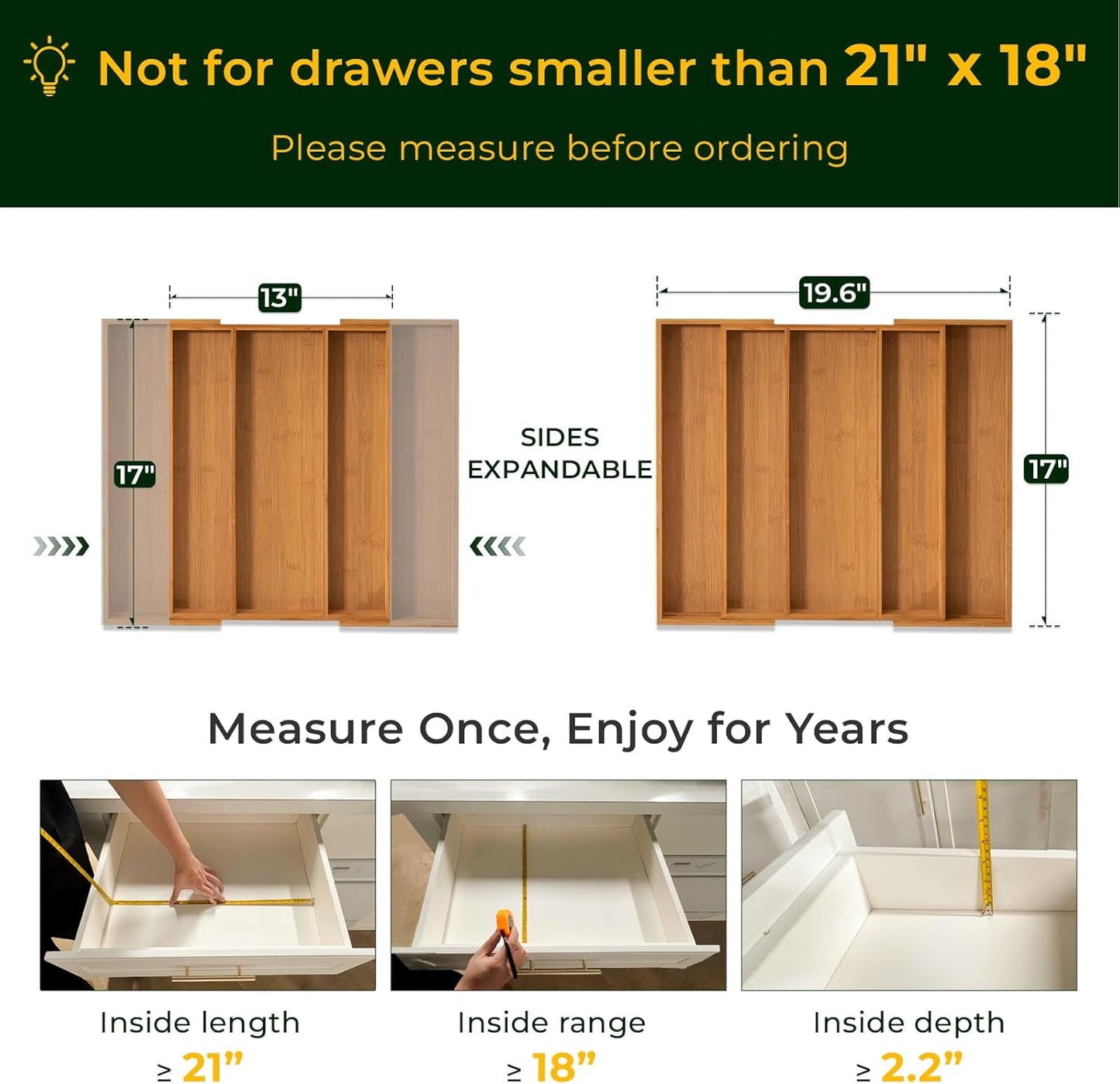 Carbonized Bamboo Kitchen Drawer Organizer, 10 Slots Expandable Silverware Organizer, Utensil Holder & Cutlery Tray, 2.2" Deep for Extra Capacity, Non-Slip Feet Included