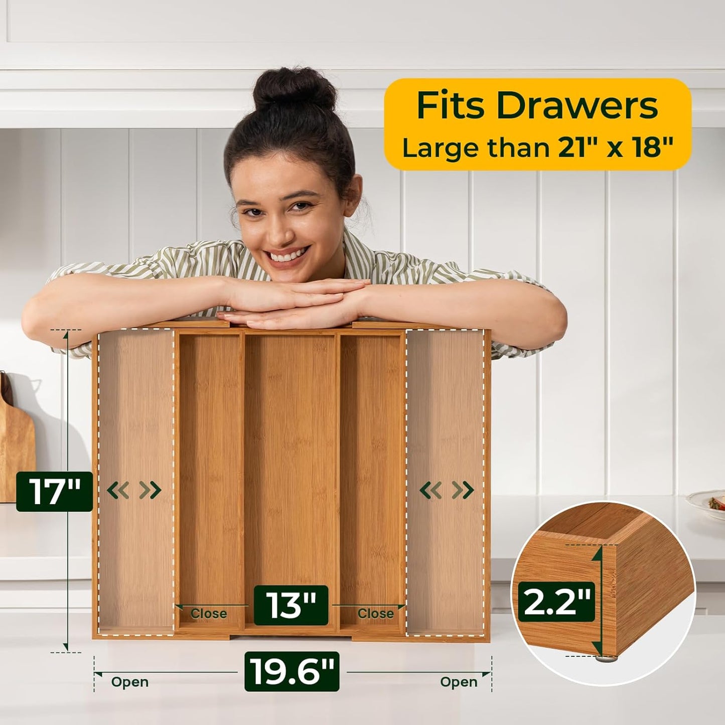 Carbonized Bamboo Kitchen Drawer Organizer, 10 Slots Expandable Silverware Organizer, Utensil Holder & Cutlery Tray, 2.2" Deep for Extra Capacity, Non-Slip Feet Included