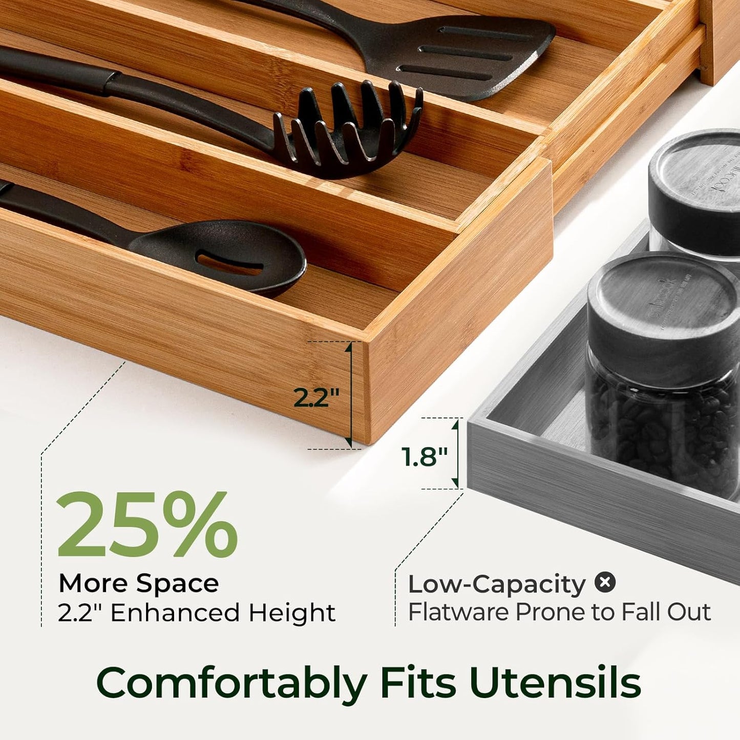 Carbonized Bamboo Kitchen Drawer Organizer, 10 Slots Expandable Silverware Organizer, Utensil Holder & Cutlery Tray, 2.2" Deep for Extra Capacity, Non-Slip Feet Included