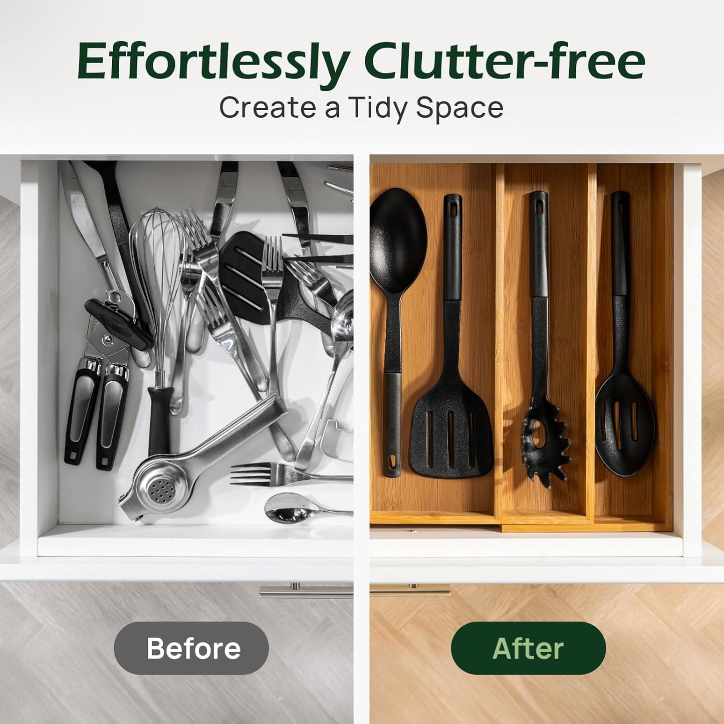 Carbonized Bamboo Kitchen Drawer Organizer, 10 Slots Expandable Silverware Organizer, Utensil Holder & Cutlery Tray, 2.2" Deep for Extra Capacity, Non-Slip Feet Included