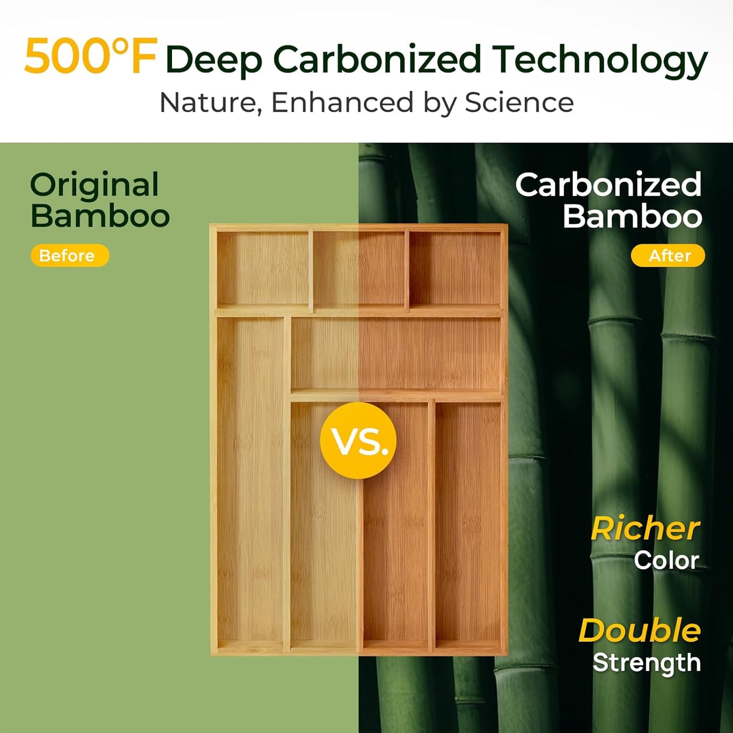 Carbonized Bamboo Kitchen Drawer Organizer, 10 Slots Expandable Silverware Organizer, Utensil Holder & Cutlery Tray, 2.2" Deep for Extra Capacity, Non-Slip Feet Included