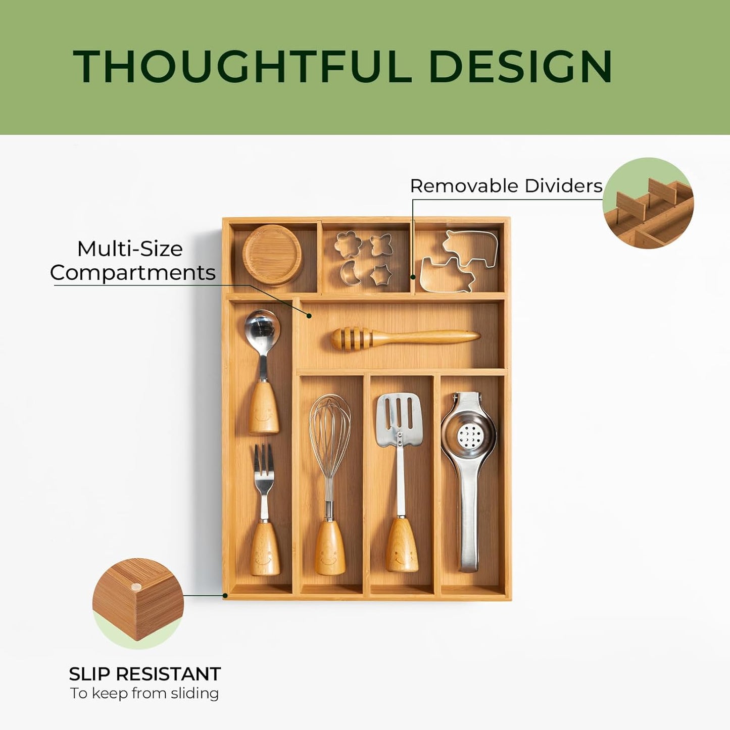 Carbonized Bamboo Kitchen Drawer Organizer, 10 Slots Expandable Silverware Organizer, Utensil Holder & Cutlery Tray, 2.2" Deep for Extra Capacity, Non-Slip Feet Included