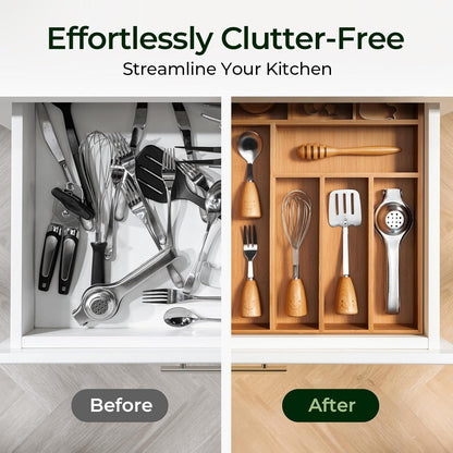 Carbonized Bamboo Kitchen Drawer Organizer, 10 Slots Expandable Silverware Organizer, Utensil Holder & Cutlery Tray, 2.2" Deep for Extra Capacity, Non-Slip Feet Included