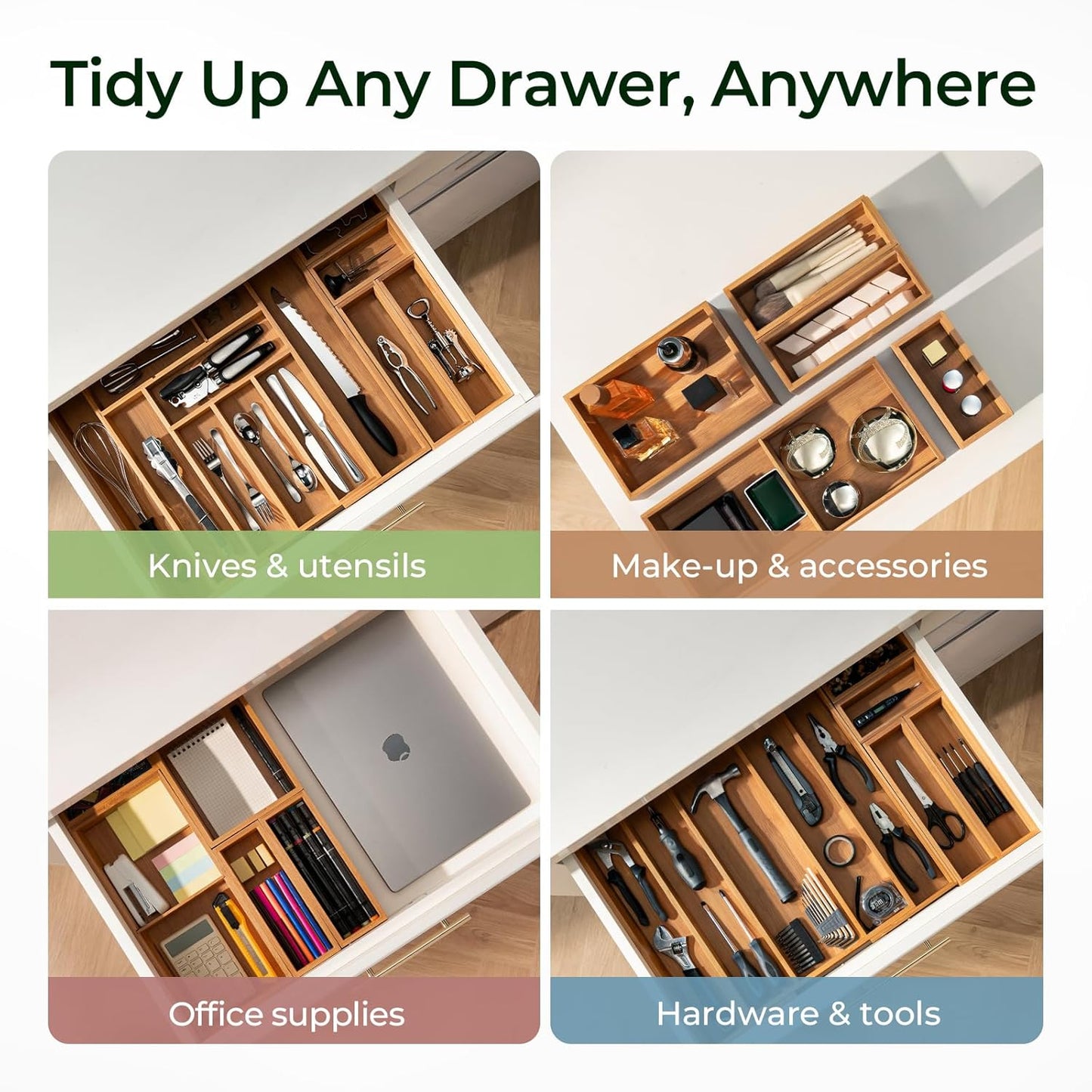 Carbonized Bamboo Kitchen Drawer Organizer, 10 Slots Expandable Silverware Organizer, Utensil Holder & Cutlery Tray, 2.2" Deep for Extra Capacity, Non-Slip Feet Included