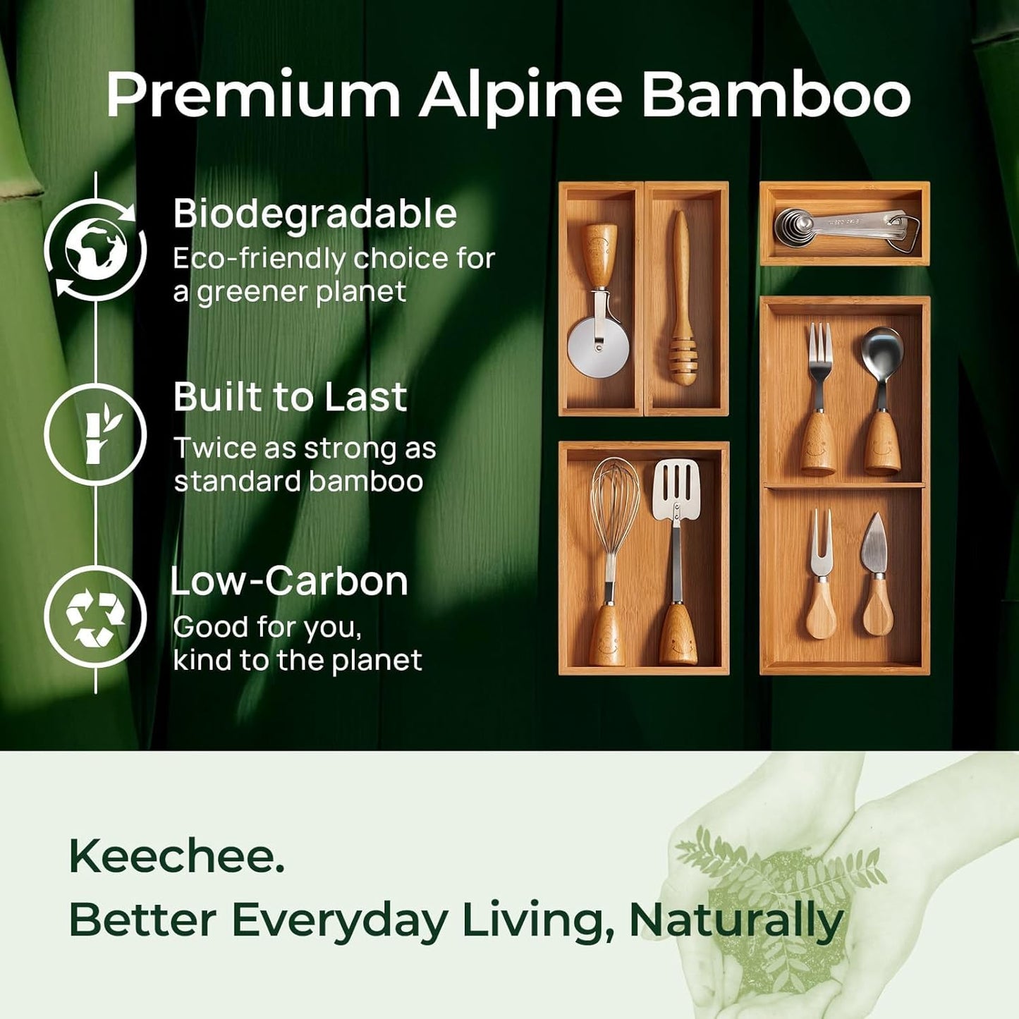 Carbonized Bamboo Kitchen Drawer Organizer, 10 Slots Expandable Silverware Organizer, Utensil Holder & Cutlery Tray, 2.2" Deep for Extra Capacity, Non-Slip Feet Included