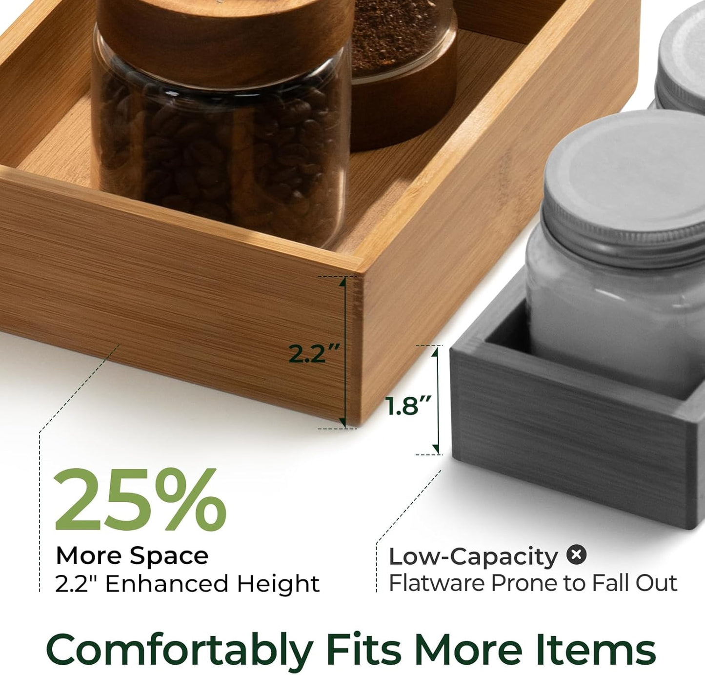 Carbonized Bamboo Kitchen Drawer Organizer, 10 Slots Expandable Silverware Organizer, Utensil Holder & Cutlery Tray, 2.2" Deep for Extra Capacity, Non-Slip Feet Included