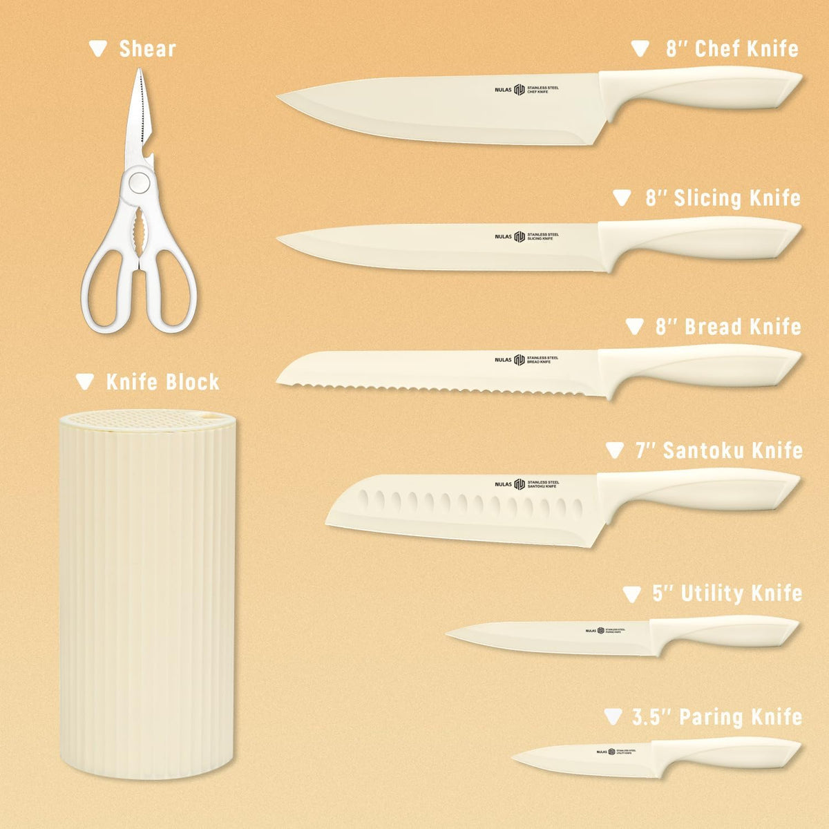 Knife Set, 8-Piece Kitchen Knife Set with Universal Block - Anti-Rust Chef Knives, Ergonomic Design, Dishwasher Safe (Black)