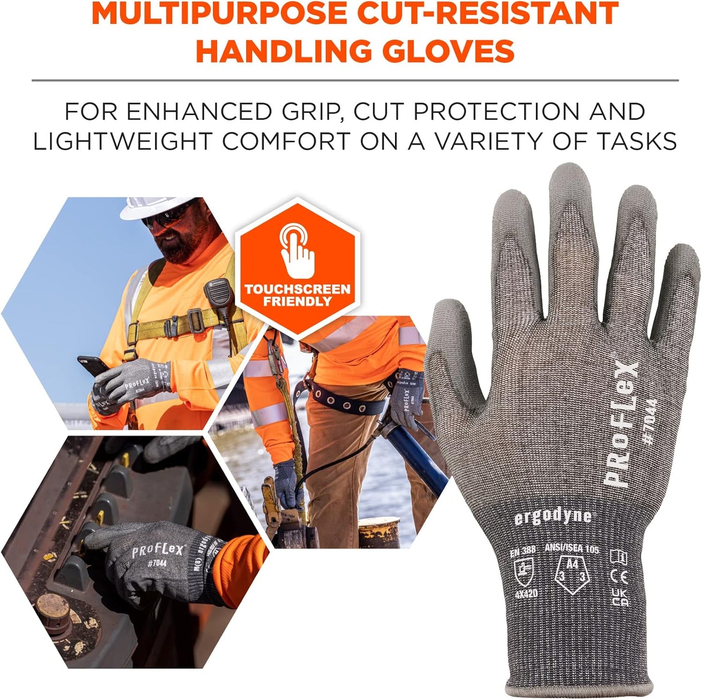 ProFlex 7044 Cut Resistant Work Gloves, ANSI A4, PU Coated Palms for Flexible No Slip Grip. Superior Fit and Feel
