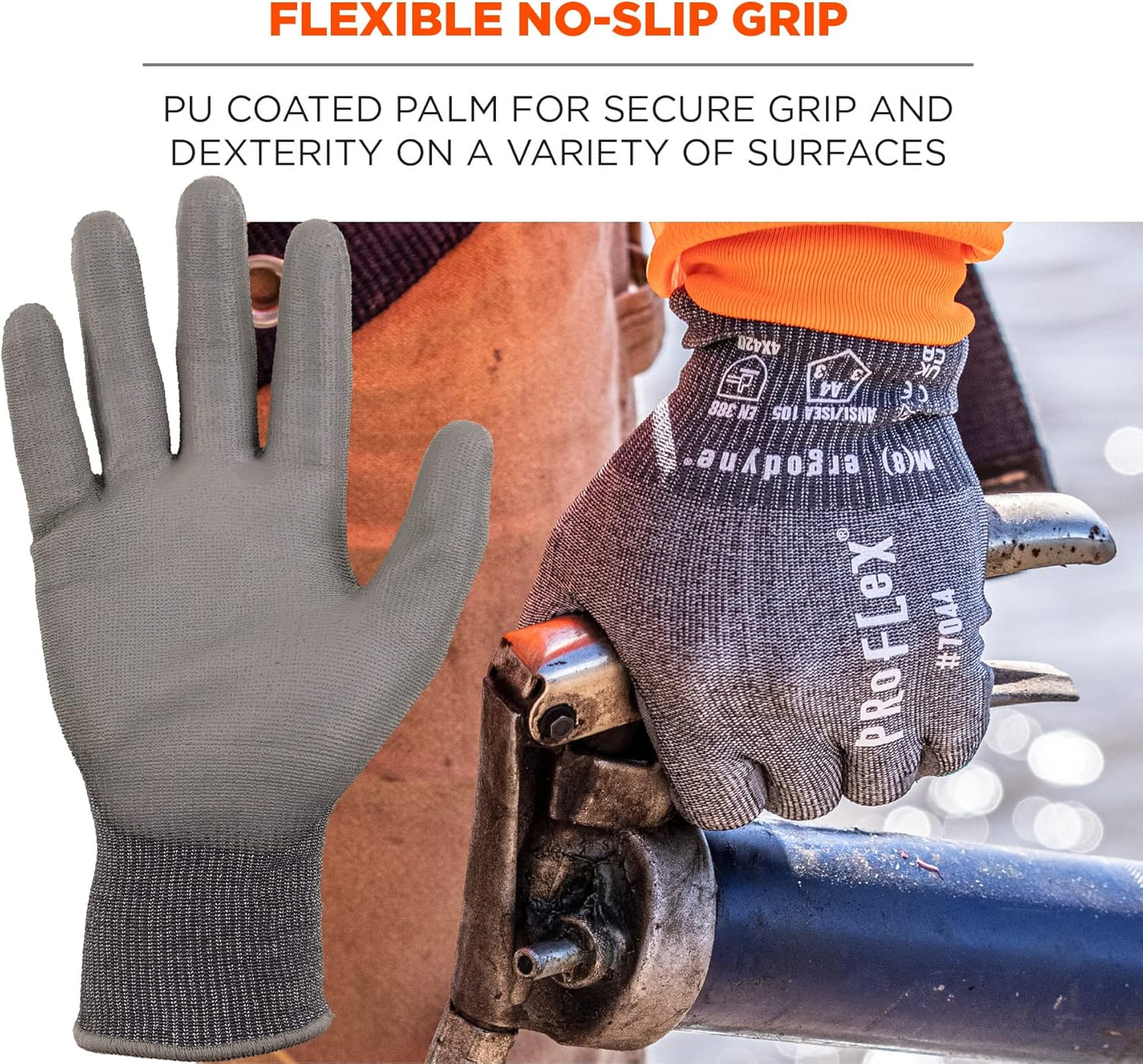 ProFlex 7044 Cut Resistant Work Gloves, ANSI A4, PU Coated Palms for Flexible No Slip Grip. Superior Fit and Feel