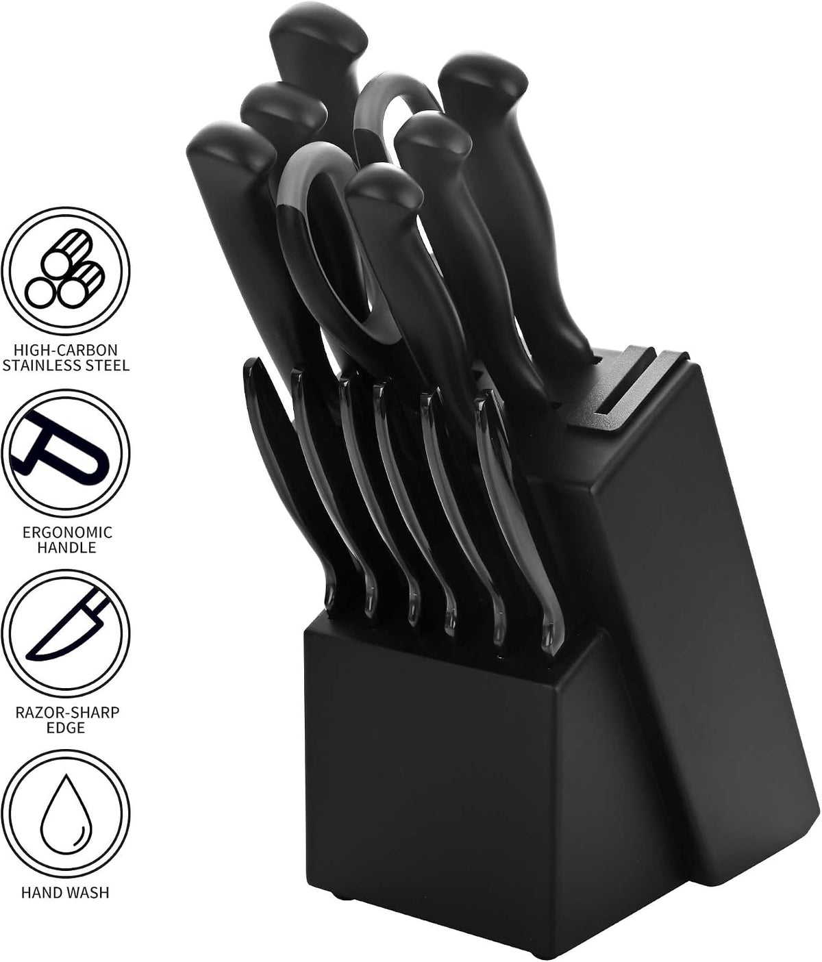 Black Knives Set, 15-Piece Stainless Steel Kitchen Knife Block Sets with Built-In Sharpener, Professional Knife Set with Scissors, Steak Knives