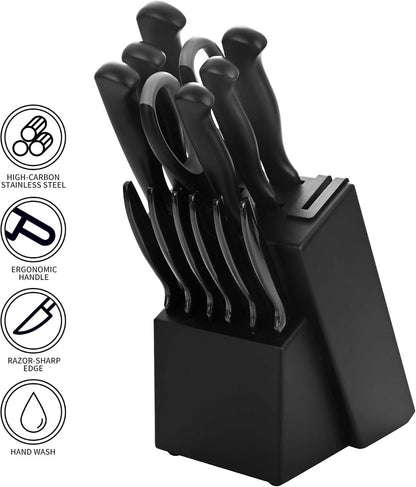Black Knives Set, 15-Piece Stainless Steel Kitchen Knife Block Sets with Built-In Sharpener, Professional Knife Set with Scissors, Steak Knives