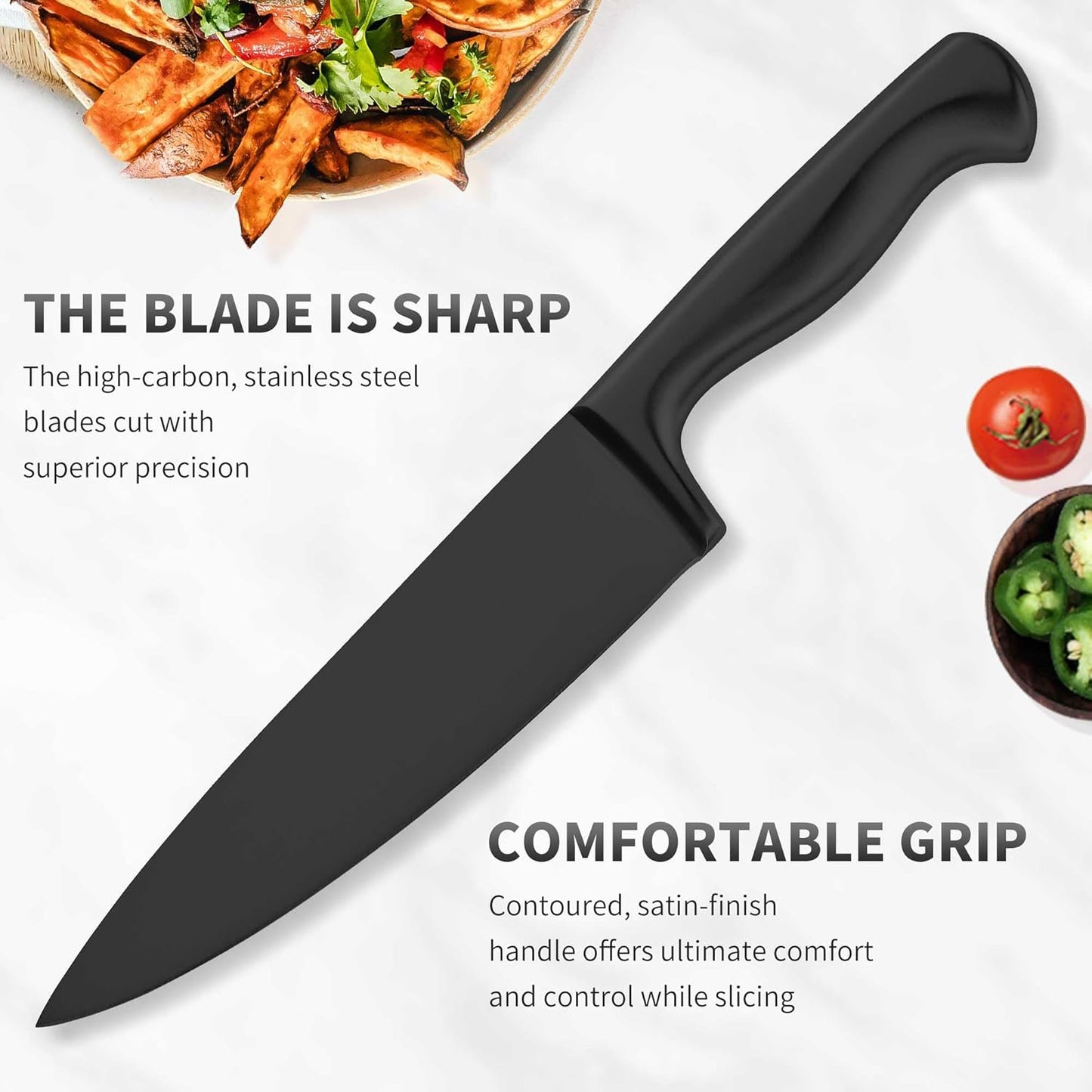 Black Knives Set, 15-Piece Stainless Steel Kitchen Knife Block Sets with Built-In Sharpener, Professional Knife Set with Scissors, Steak Knives