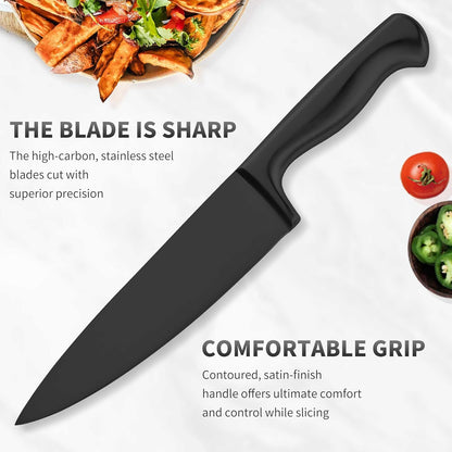 Black Knives Set, 15-Piece Stainless Steel Kitchen Knife Block Sets with Built-In Sharpener, Professional Knife Set with Scissors, Steak Knives