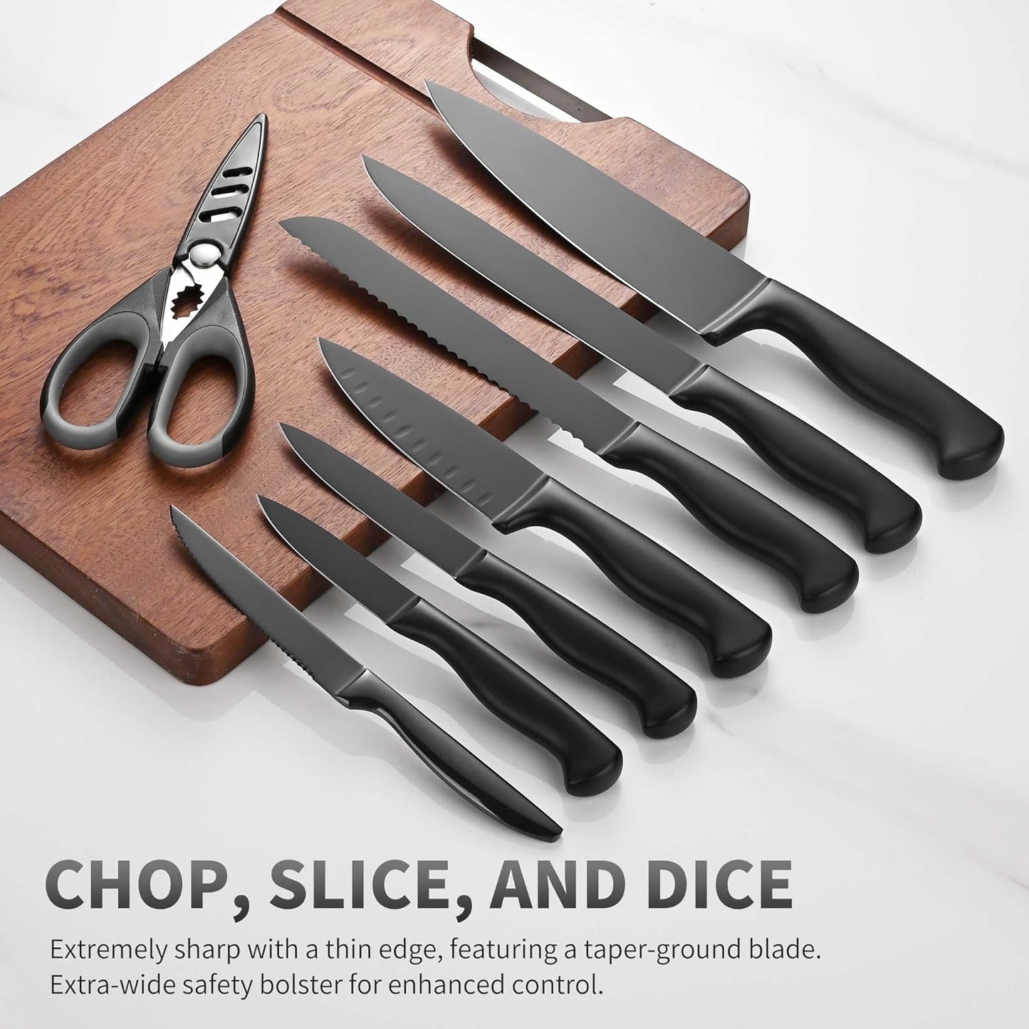 Black Knives Set, 15-Piece Stainless Steel Kitchen Knife Block Sets with Built-In Sharpener, Professional Knife Set with Scissors, Steak Knives