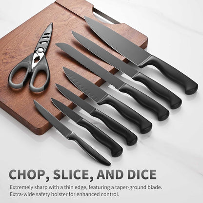 Black Knives Set, 15-Piece Stainless Steel Kitchen Knife Block Sets with Built-In Sharpener, Professional Knife Set with Scissors, Steak Knives