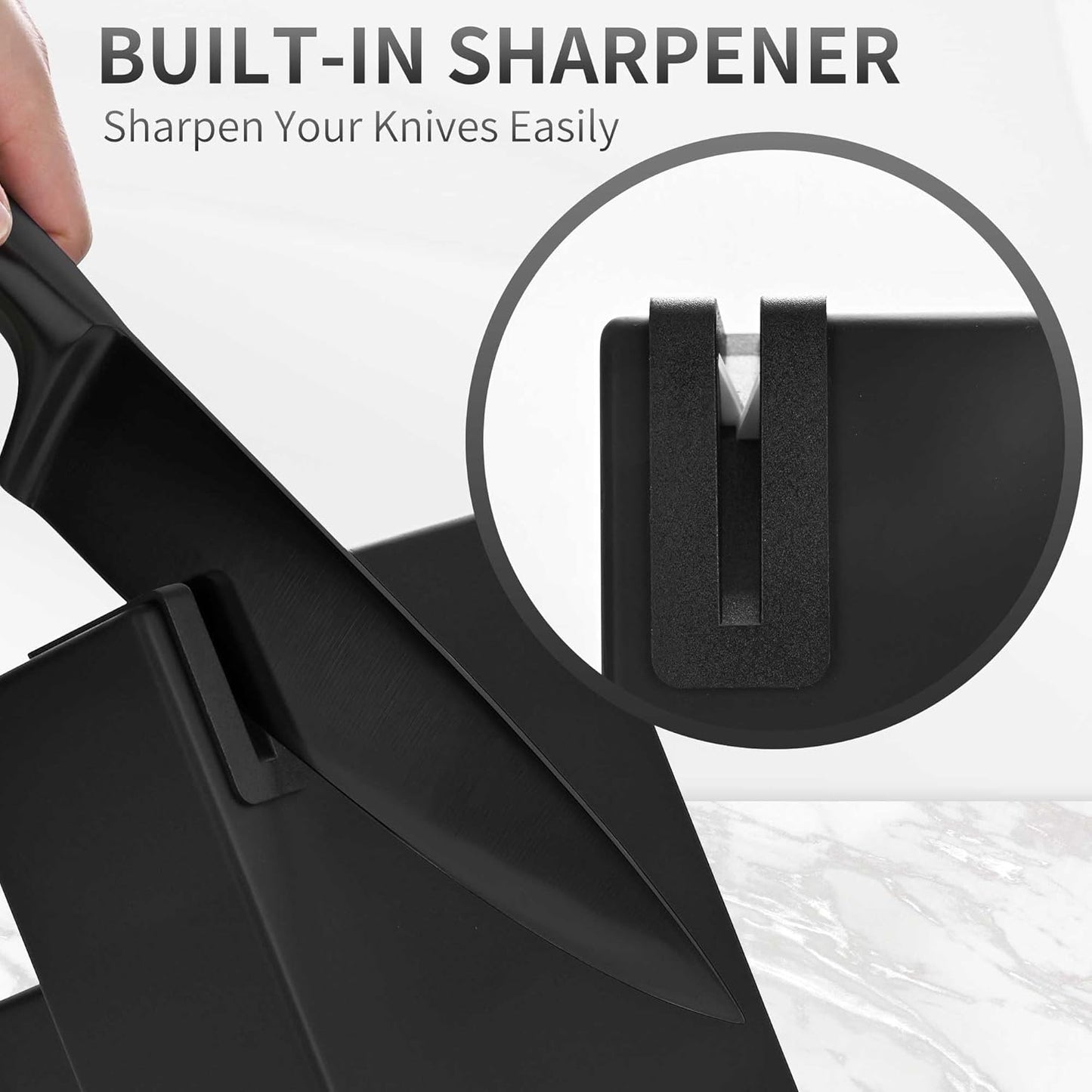 Black Knives Set, 15-Piece Stainless Steel Kitchen Knife Block Sets with Built-In Sharpener, Professional Knife Set with Scissors, Steak Knives