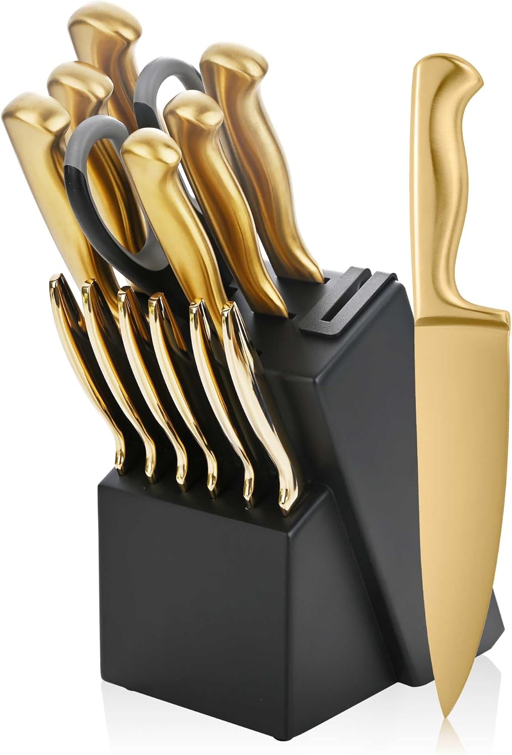 Black Knives Set, 15-Piece Stainless Steel Kitchen Knife Block Sets with Built-In Sharpener, Professional Knife Set with Scissors, Steak Knives